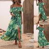 Women Summer Casual One Shoulder Sleeveless Flower Print Dress High Waist A-Line Belt Slit Ankle-Length Collar Dresses Spring
