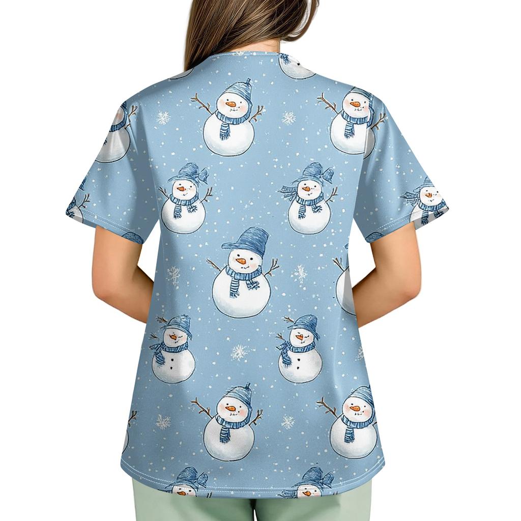 Plus SizePrinted Scrub Working Uniform Tops For Women's Cross V-Neck Print Short Sleeve Fun T-Shirts Workwear Tee With Pockets
