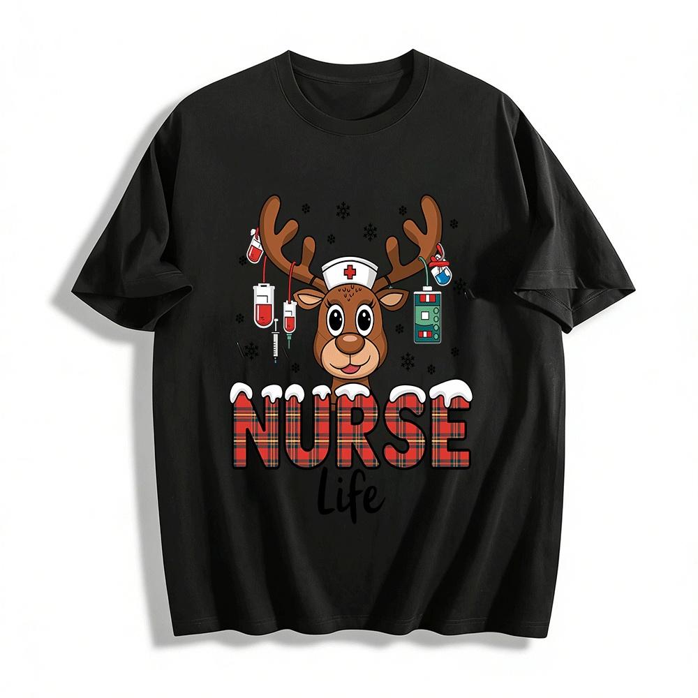 

Christmas Nurse Life Reindeer Print Casual Top Pure cotton T-shirt XXS