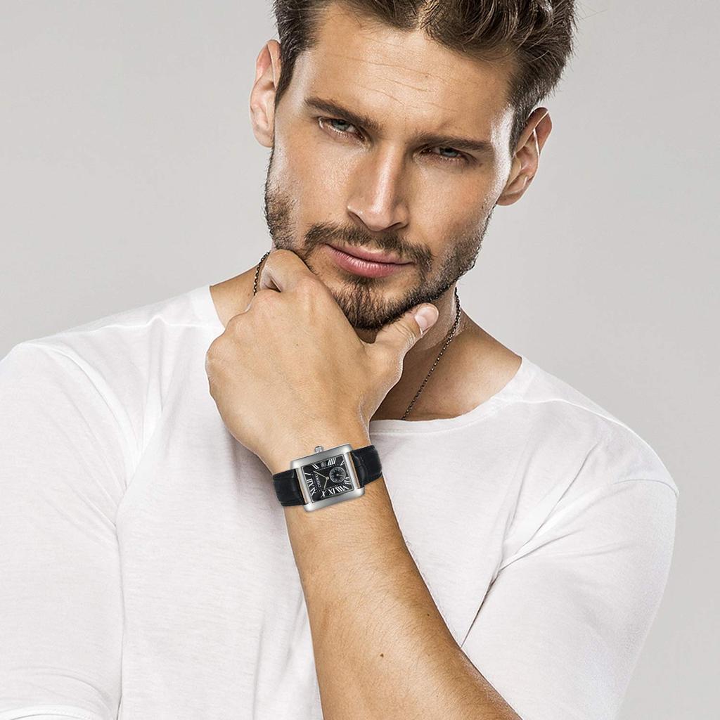 Lancardo Watch Waterproof Leather Band Roman Numeral Calendar Fashion Casual Quartz Business Preset Birthday Anniversary Men's (Black)