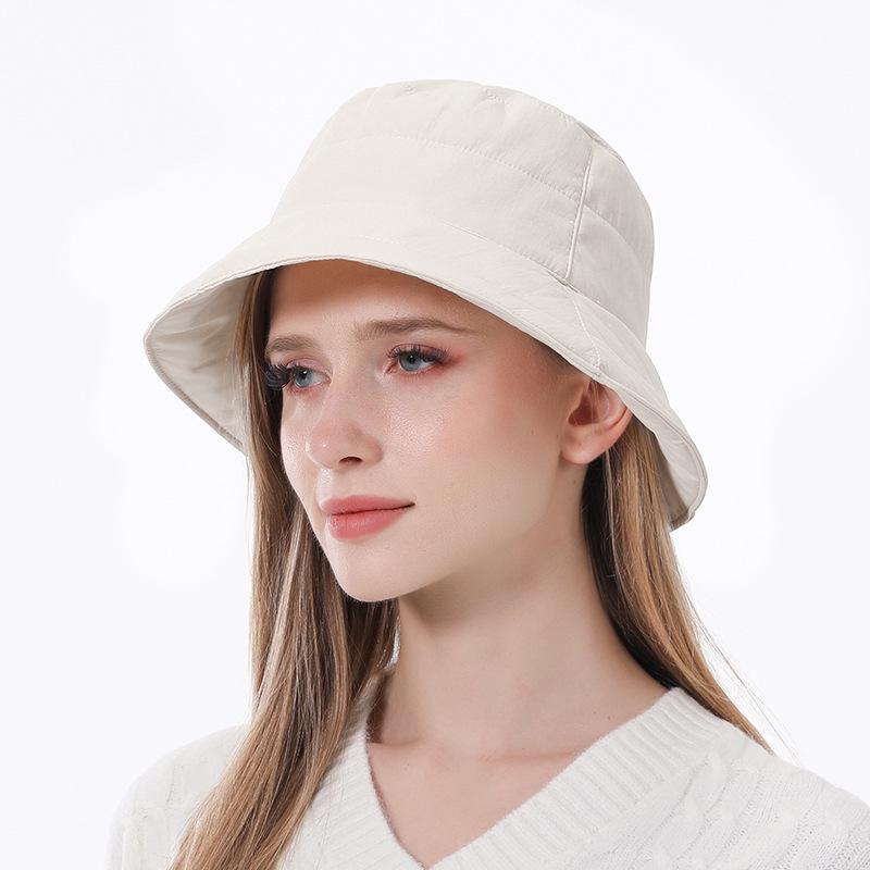 Reversible Korean-Style Down Cotton Bucket Hat for Women - Autumn/Winter Large Brim, Waterproof, Sunshade, Warm.