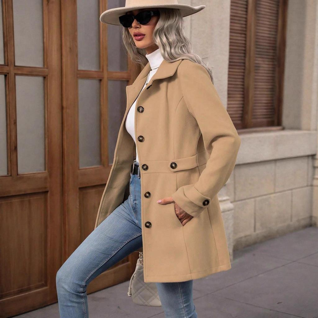 2025 autumn Amazon Europe and the United States foreign trade autumn and winter fashion women's clothing solid color lapel button woolen coat coat