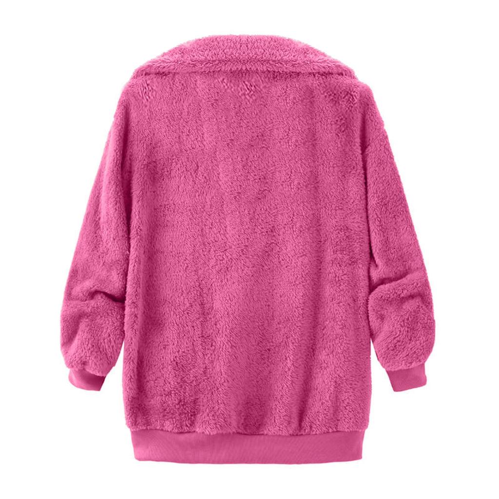 Women's Casual Color Loose Plush Zippered Flip Collar Jacket With Pockets