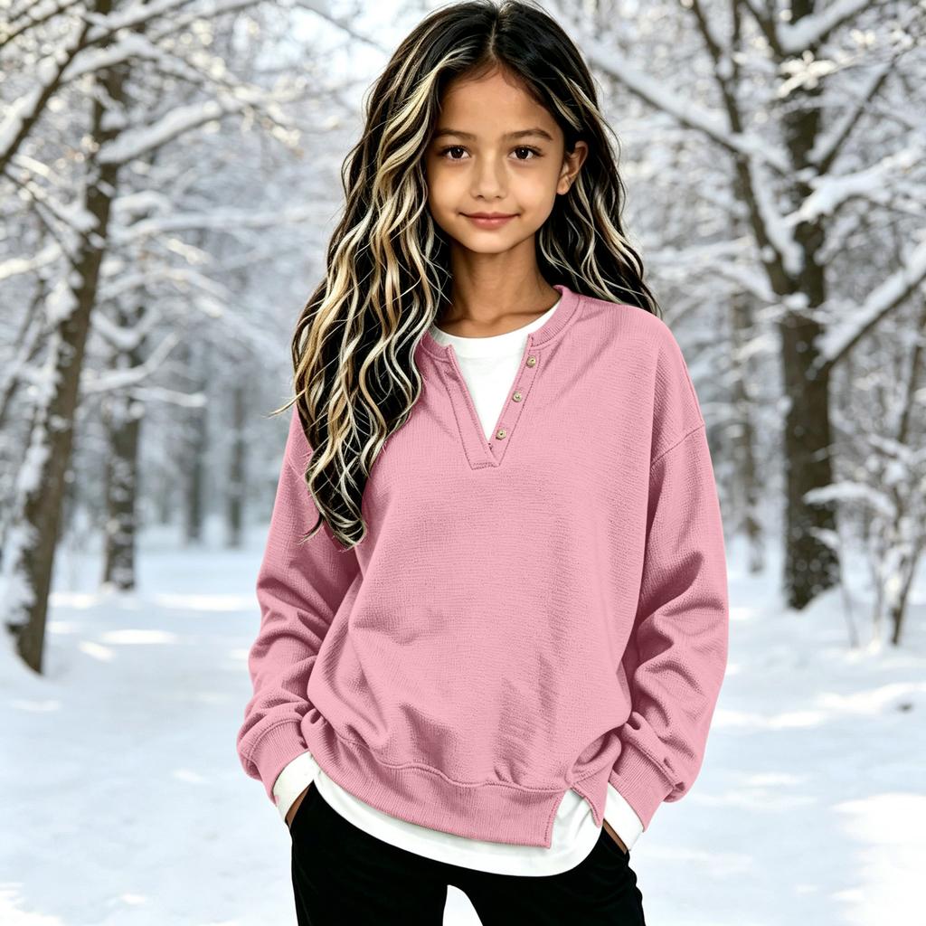Big Girls V-Neck Pullover Top Casual Loose Fit Two-Piece Printed Blouse for School and Daily Wear