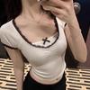 Lace Trim Bow Short-Sleeve Women's Summer Slim Fit Top