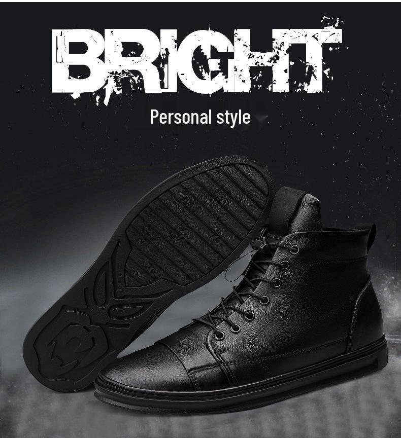 Trendy Men's High-Top Cowhide Leather Sneakers In Korean Style, Plus Size 48