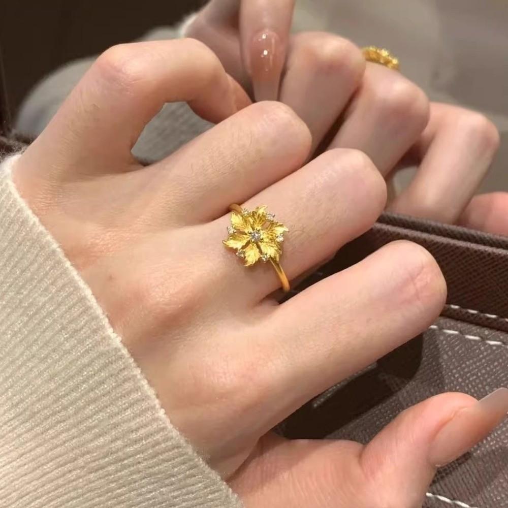 Gold Plated Peony Rhinestone Rings Ancient Copper Floral Adjustable Ring Three-dimensional Chinese Style