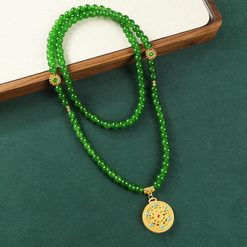 Green glazed agate beaded retro sand gold necklace long sweater chain antique cheongsam accessories women