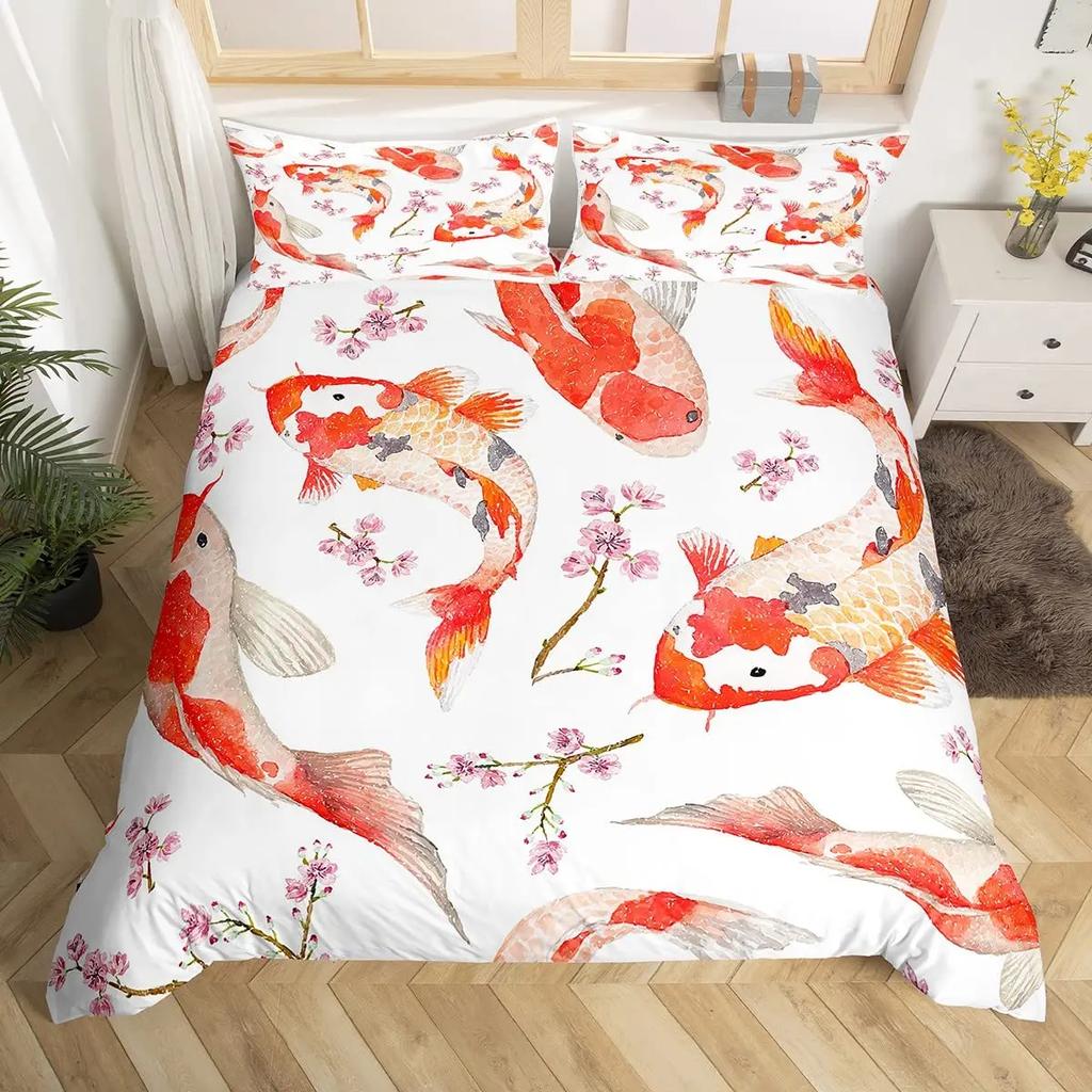 Comforter Koi Fish Carp Tie Dye Bedding Sets Traditional Chinese Ink Art Lotus Leaf Nature Full Size