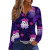 Women's Casual Long Sleeve V-Neck Halloween Print T-Shirt with Decorative Buttons