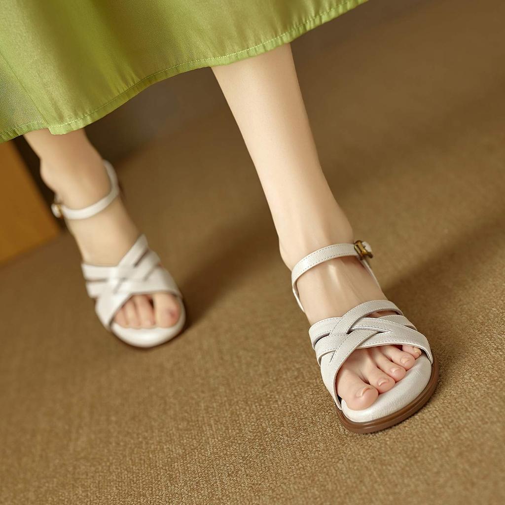Krazing Pot Cow Skin Thick Med Heels Peep Toe Summer Size 42 Brand Shoes Street Wear Gladiator Elegant Women Sandals