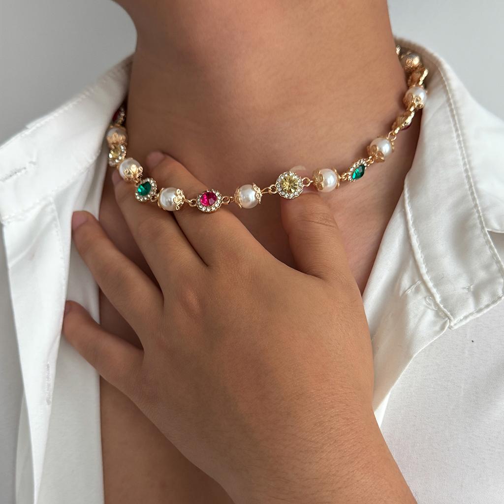 Ingemark Trendy Luxury Imitation Pearl Choker Necklace Women Exquisite Elegant Colorful Acrylic Rhinestone Bracelet Y2K Jewelry
