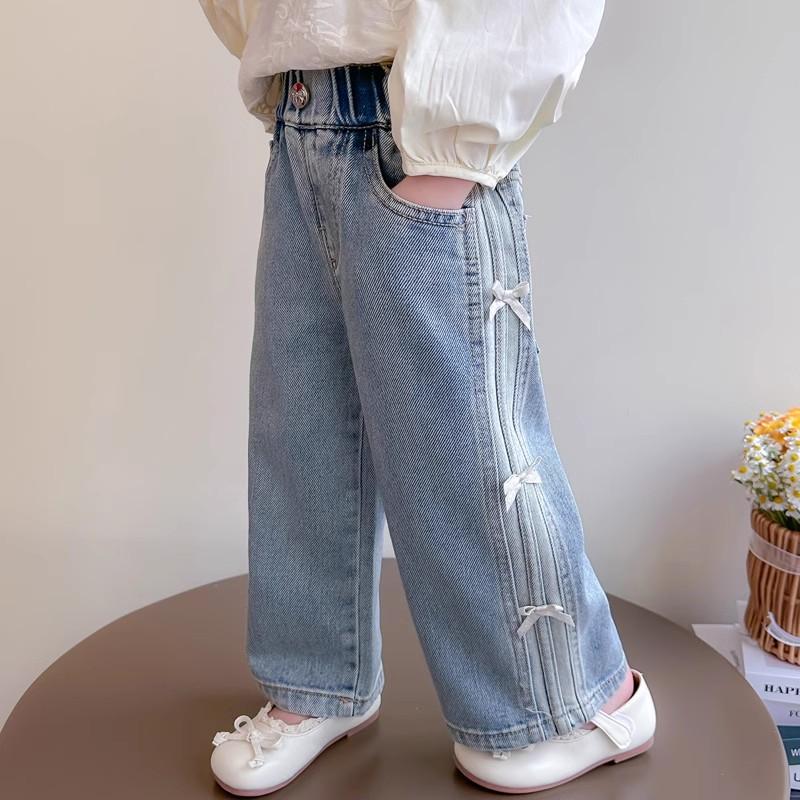 Baby Girls Spring Jeans Kids Summer Bow Denim Pants Children's Straight Wide-leg Trousers Toddler Autumn Loose Clothing 2-8Y