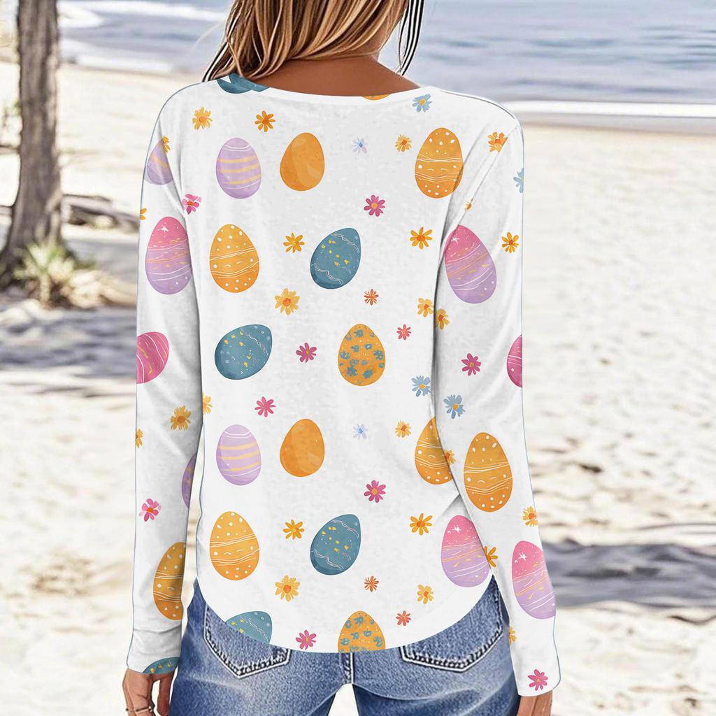 Women's daily casual long sleeved Easter printed round neck top