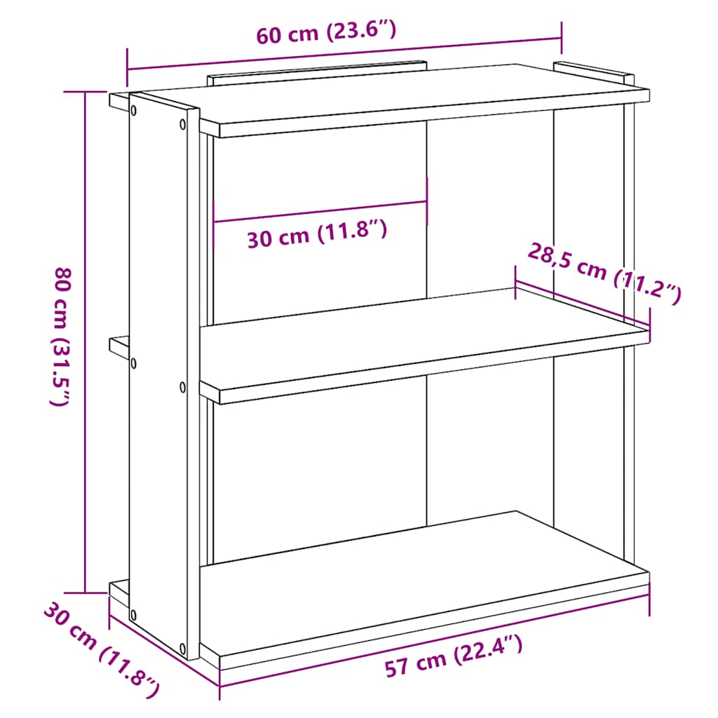 Bookshelf with 3 Shelves Sonoma Oak Finish 60 x 30 x 80 cm Engineered Wood