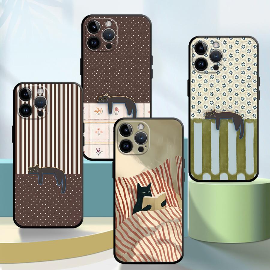 Funda Phone Cover Phone Case for Apple iPhone 17 Pro Max 11 Air 14 XR XS MAX 13 16 15 Pro 7 8 12 17e Cartoon Grid Cat