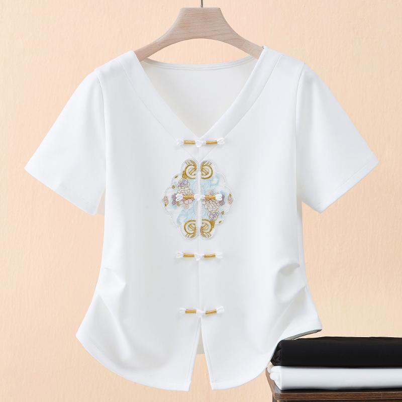 

Топ в китайском стиле с V-образным вырезом и вышивкой на пуговицах M белый