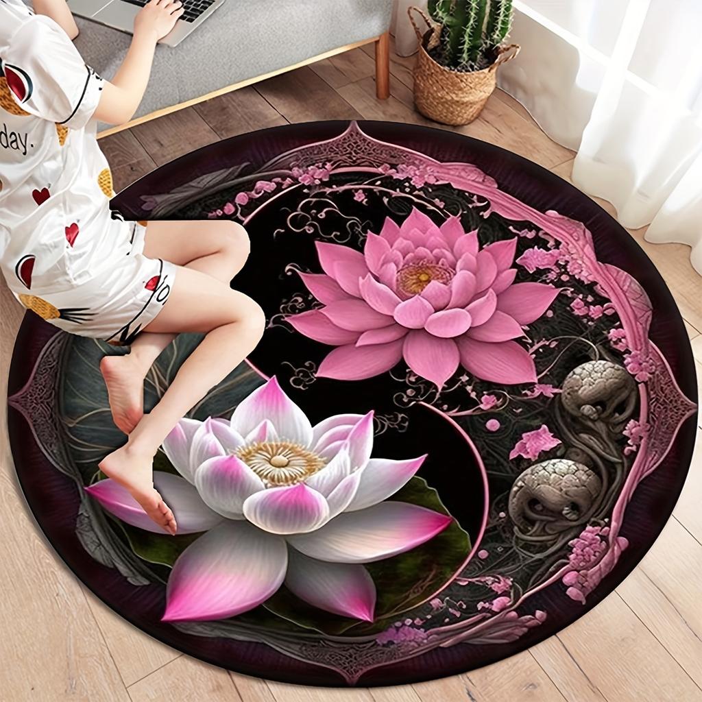 Yin Yang Lotus Round Rug, Non-Slip Washable Polyester Mat for Bedroom Living Room Office Nursery, Home Decor Carpet