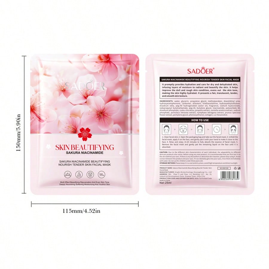 1pc Sakura Niacinamide Face Mask, Brightens Complexion, Nourishes Skin, Revitalizes Skin, Deeply Hyd