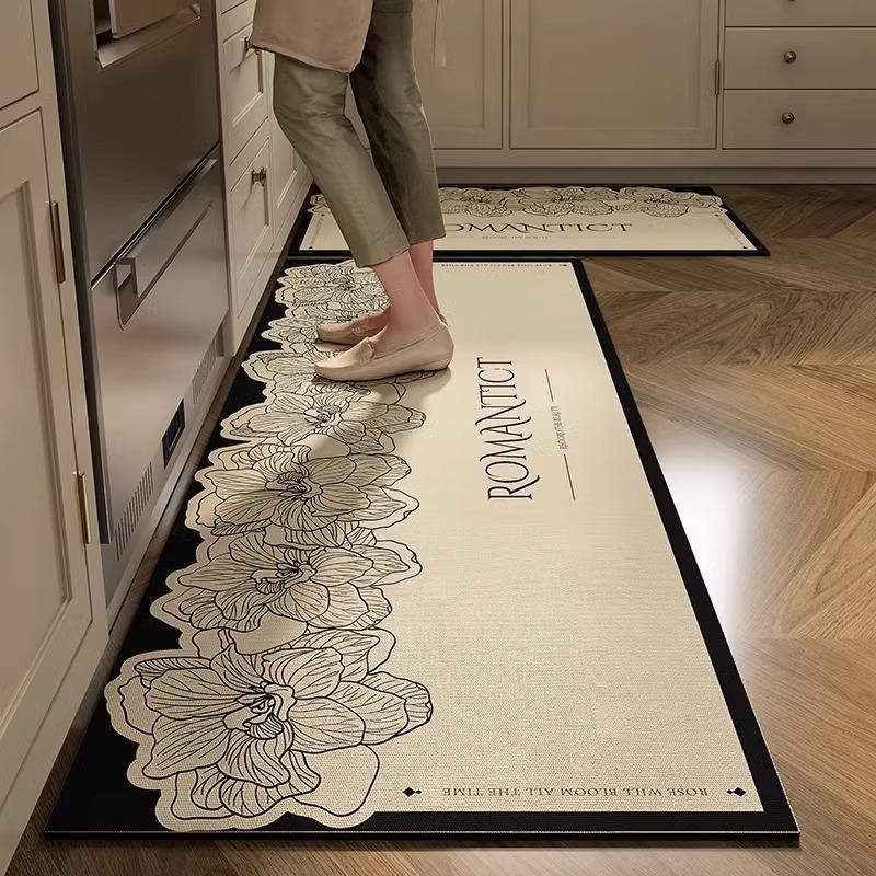 Kitchen Floor Mat Anti-Slip Oil-Proof Erasable Carpet Leather Pvc Waterproof Rug Beige Pattern Texture Home Decor Mats