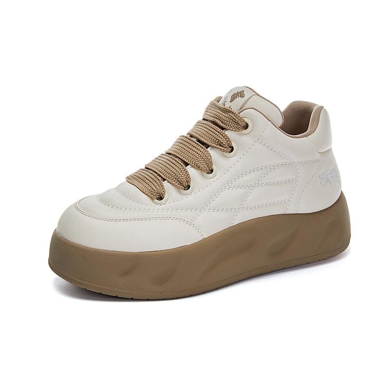 Leather High-top Bread Shoes Women's 2025 Spring New Women's Thick Baseplate Shoes Casual Trend Versatile White Shoes Women
