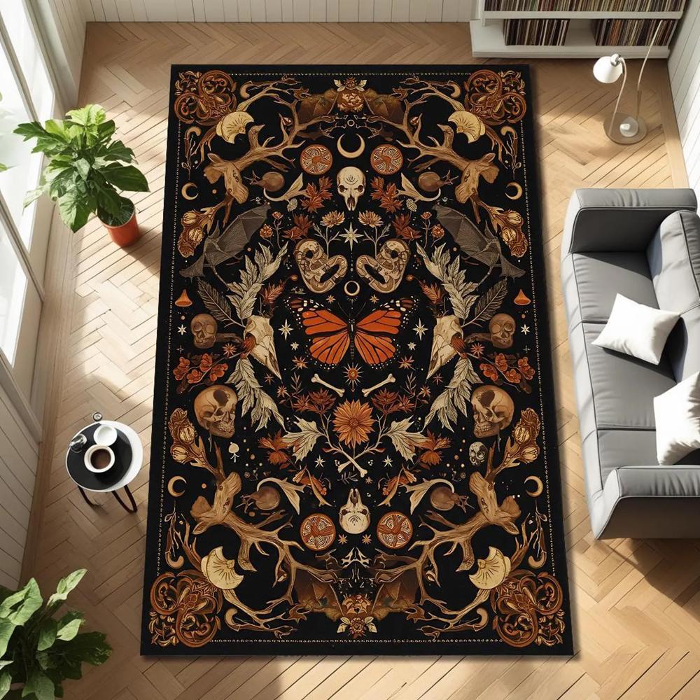 Dark Gothic Skull Moth Print Area Rug, Vintage Occult Botanical Floor Mat for Living Room Bedroom Game Room Dorm Home Decor