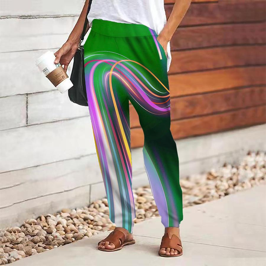 Dámské abstraktní potištěné kalhoty šněrovací elastický pas volné kalhoty ležérní dlouhé kalhoty kalhoty s kapsami