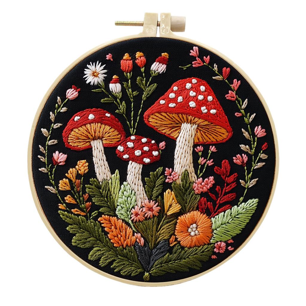1pc Mushroom and Floral Pattern Embroidery DIY Fabric Craft Kit with Tools