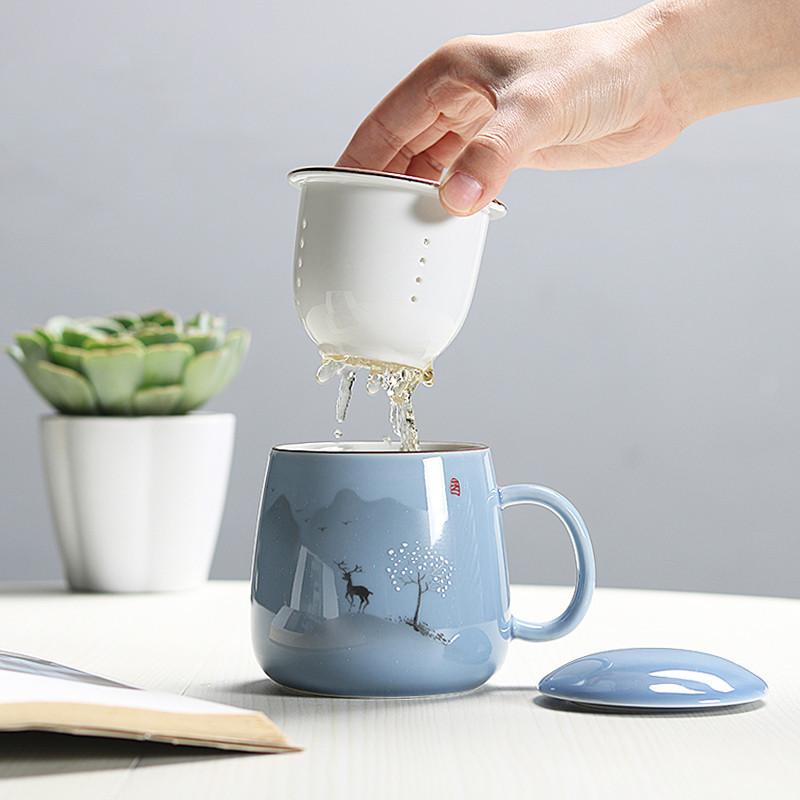 Tazza da tè con filtro in ceramica Coppia di bicchieri semplici e di grande capacità Tazza da caffè per la casa con coperchio Tazza per la separazione del tè da ufficio in porcellana