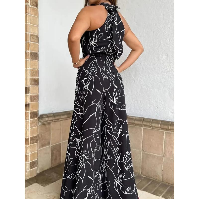 Tuta elegante allacciata alla caviglia Stampa casual Cravatta Vita senza maniche Tuta estiva con pantaloni lunghi a gamba larga Abbigliamento da donna