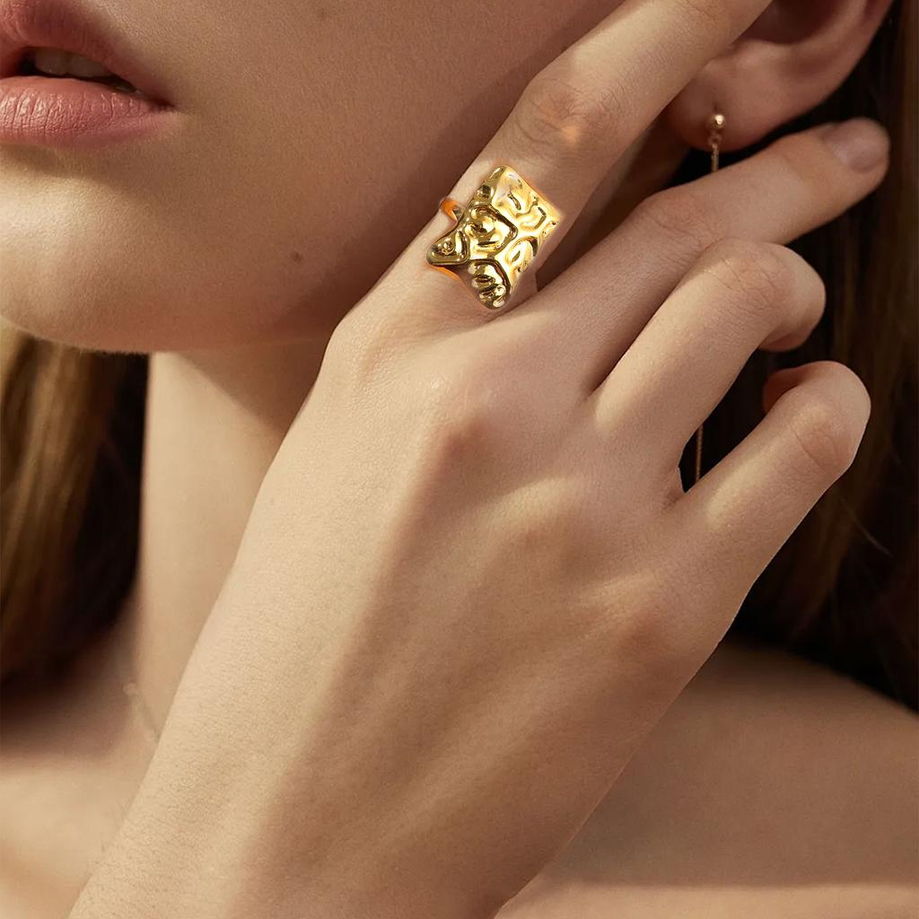 Golden Plated Irregular Textured Open Adjustable Ring for Women Abstract Art Statement Jewelry Gift