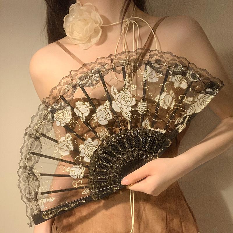 Lace Rose Fan Women Summer Folding Fan Dance Special Ancient Folding Handheld Photo Prop Holiday Birthday Gift
