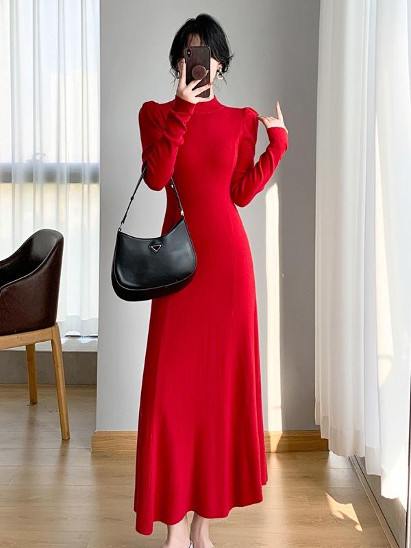 Autumn/Winter Long Wool Over-Knee Knit Dress with Semi-High Neck for Women