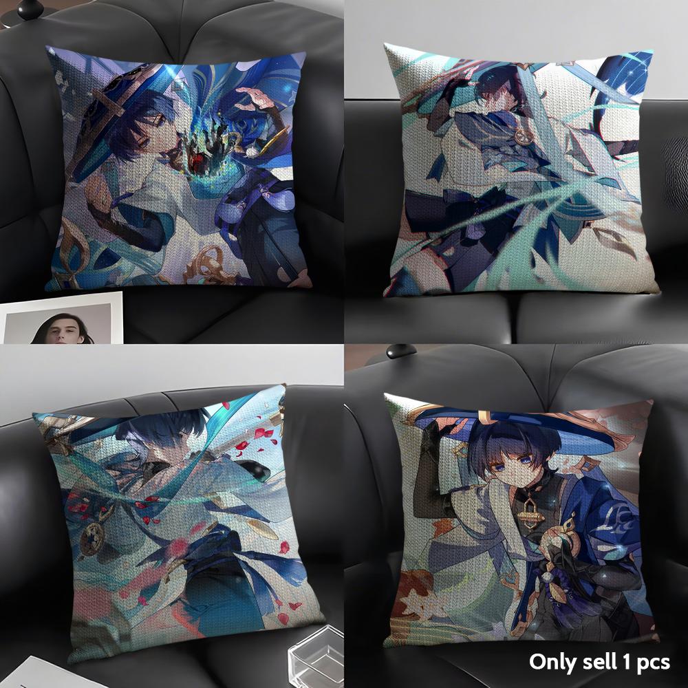 Scaramouche Genshin Impact Cushion Cover Natural Linen Organic Fabric Double-Sided Printing Sofa Home Decor Gift Pillow Case