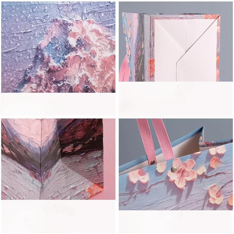 Snow Mountain Cherry Blossom Gift Bag, Exquisite Cosmetics Handbag, Bow Packaging Shopping Bag