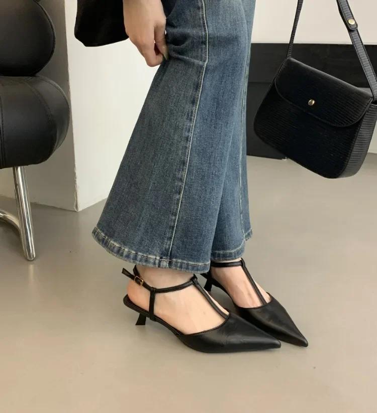 Fashion High Quality Low Small Heel Ankle Strap Women Pumps Sexy Pointed Toe Soft Leather High Heels Elegant Office Shoes Heeled Sandals