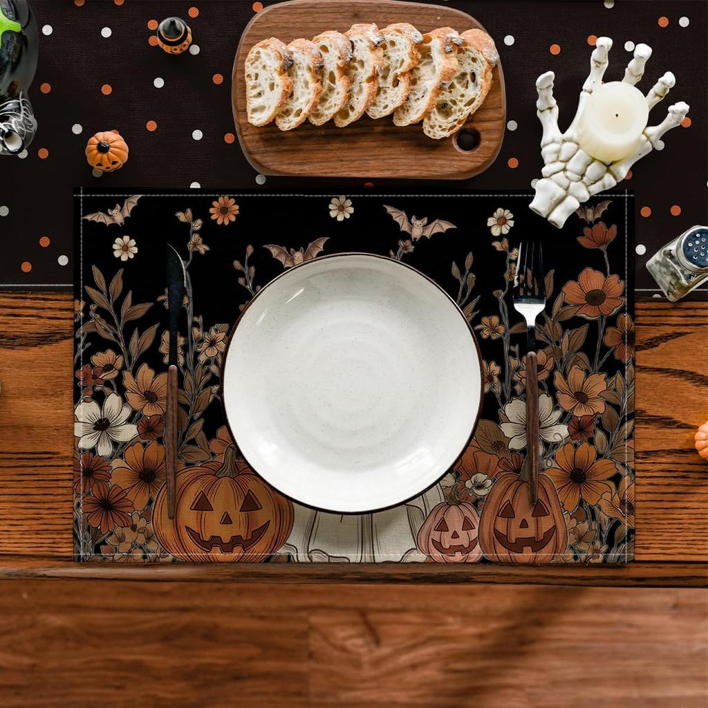 4/6pcs Ghost Jack-O'-Lantern Bat Floral Halloween Placemats, Seasonal Table Mats for Party Kitchen Dining Decoration 12X18 Inches