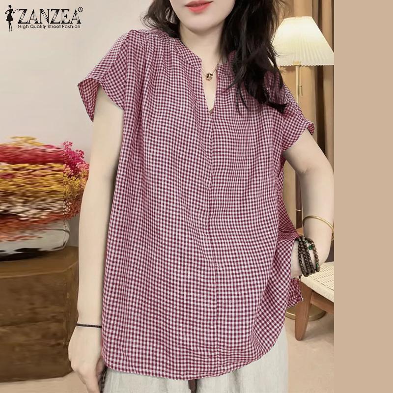 ZANZEA Bluză de vară pentru femei cu gât în V, fără mâneci, casual, retro, cu imprimeu carouri