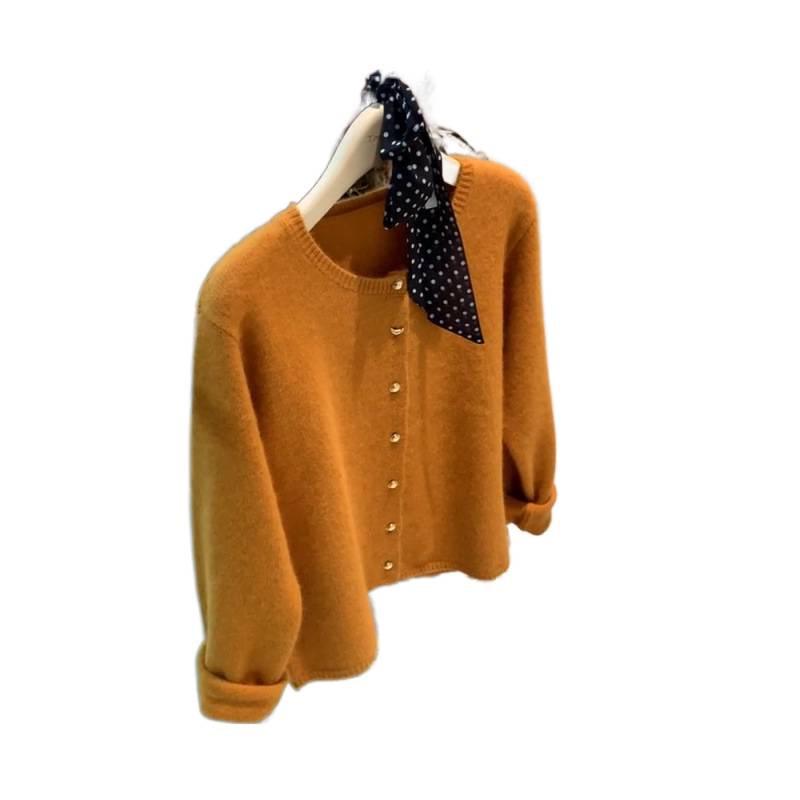 Women's Orange Raccoon Knit Cardigan - Autumn/Winter Lazy Style Short Sweater Coat