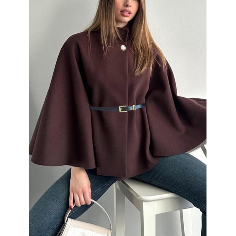 Womens Winter Elegant Wool Blend Cape Coat With Belted Waist Stand Collar