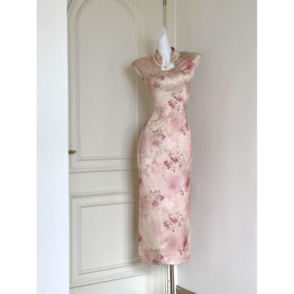 New Chinese-style pink improved cheongsam scheming design feeling waist beautiful, cold national style dress summer