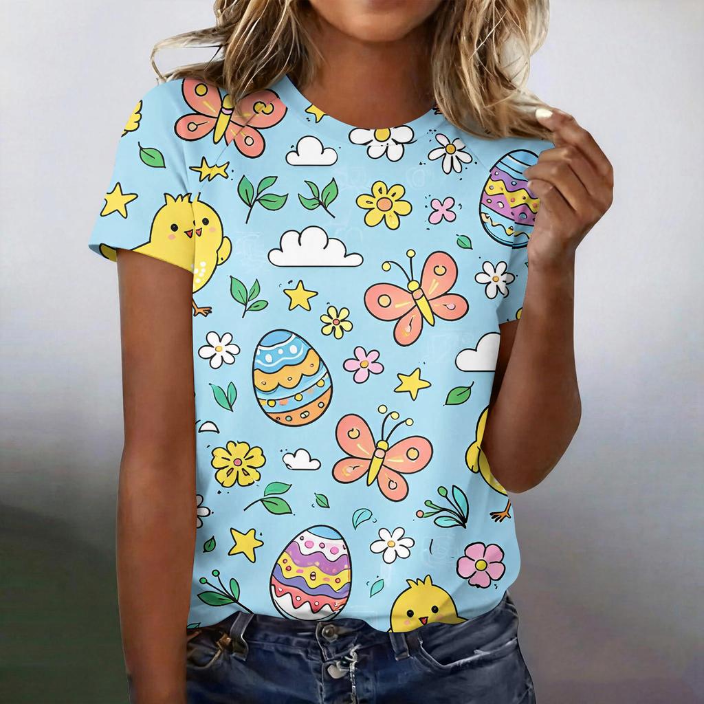 Women's Fashionable Casual Short-Sleeved Raglan Sleeve Easter Print T-Shirt Top