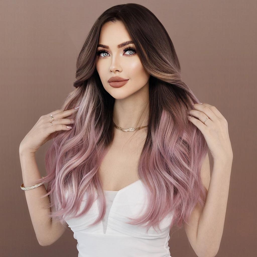 Women's Simulation Wig 60cm Hair Pink and Purple Wig Long Curly Wig Full Headgear Rose Hair Net Headdress Beauty Decoration Wig