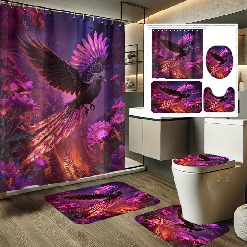 

4pcs Purple Feather Flying Bird Fantasy Printed Shower Curtain Set, Decorative Bathroom Set Includes Shower Curtain, Non-Slip 90x180cm