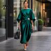 Langer Faltenrock Damen Damen Satin Fledermausärmel Maxikleid, Strassakzent Rundhalsausschnitt Leichtes Sommerkleid Abendparty A-Linie