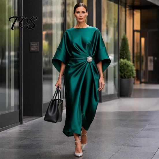 Langer Faltenrock Damen Damen Satin Fledermausärmel Maxikleid, Strassakzent Rundhalsausschnitt Leichtes Sommerkleid Abendparty A-Linie
