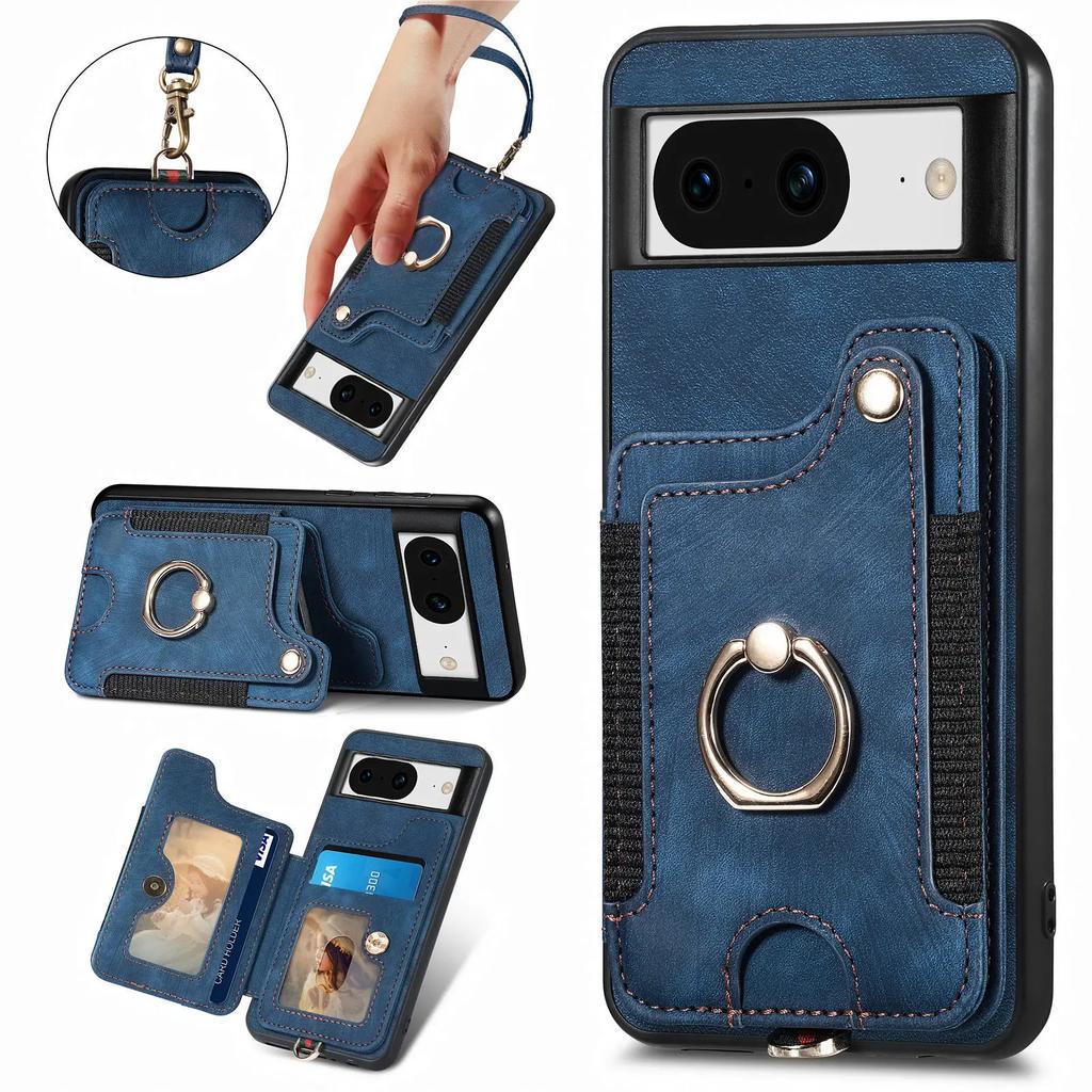 Ring Holder Cards Solt Leather Wallet Case for Google Pixel 8 Pro 7 7A 6 6A Magnetic Kickstand RFID Pouch Pocket Bag Strap Cover