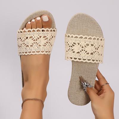 Mode 2025 Leinen Spitze Hausschuhe Damen Sommer Sexy Leinen Stroh Mesh Pantoletten Indoor Weich Atmungsaktiv Zehentrenner Zuhause Handgefertigte Schuhe Leise
