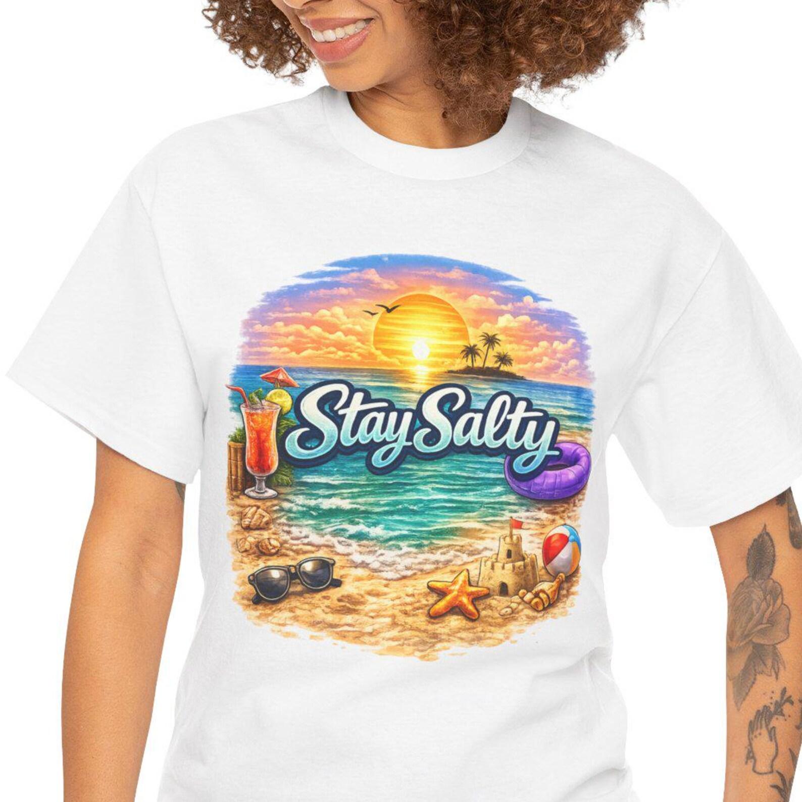 Stay Salty Beach Scene Tee | Sunset Ocean Shells Sandcastle L