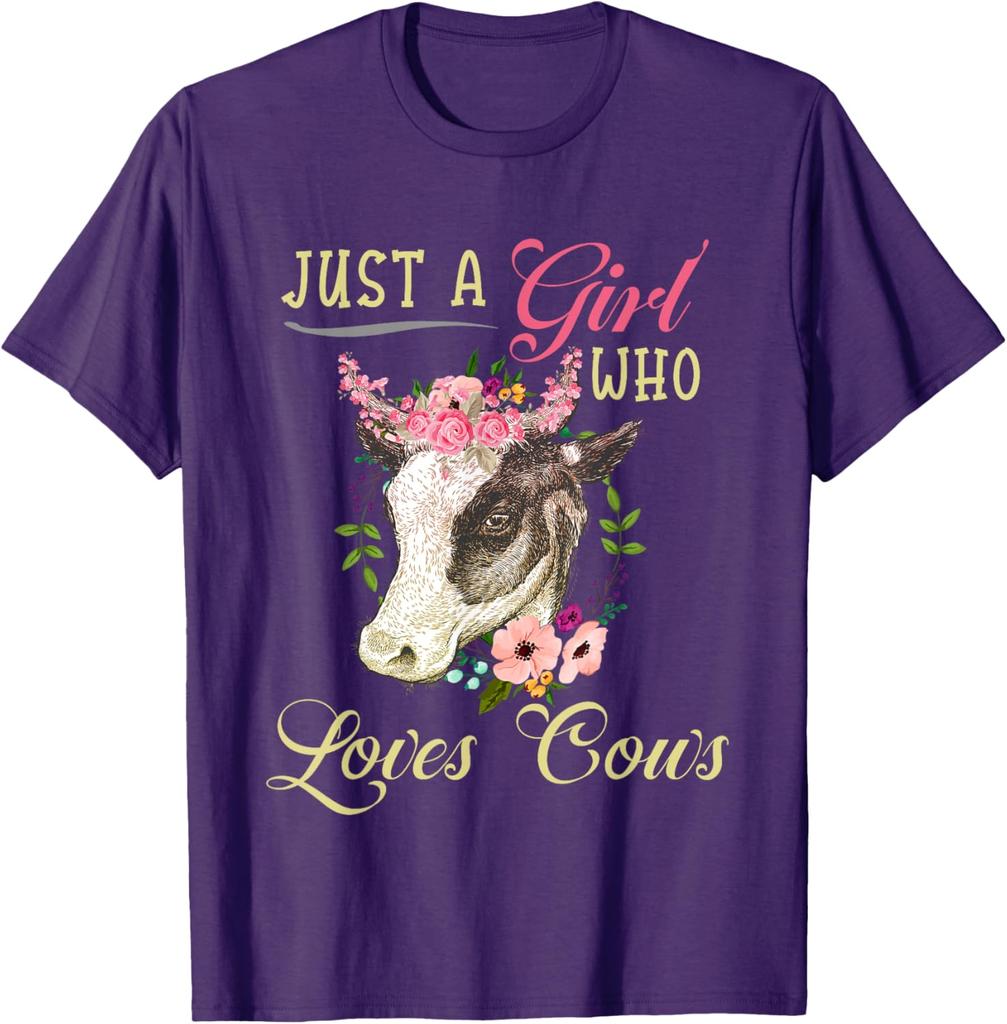 Just a Girl Who Loves Cows Graphic Tee Cute Floral Cow Head Women Casual T-Shirt